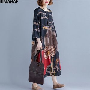 DIMANAF Plus Size Vrouwen Jurk Print Herfst Vintage Vestidos Chinese Stijl Elegante Vrouwelijke Lady Lange Mouwen Oversize Losse Jurk
