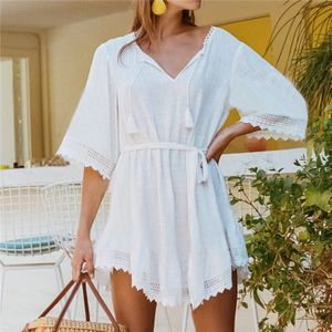 Katoen Strand Jurk Saida De Praia Zomer Beachwear Witte Cover Up Kaftan Badpak Cover Up Voor Vrouwen Pareos De Playa mujer