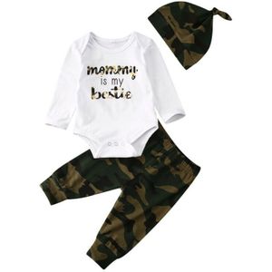 Pasgeboren Baby Boy Kleding Sets Brief Print Romper Tops + Camo Broek Broek Hoed Outfit Kleding Set 3PCS