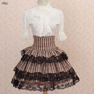 Classic Party Womens Brown Plaid Polyester Kant Hoge Taille Ruches Leuke Prinses Lolita Bladerdeeg Rokken Ainclu