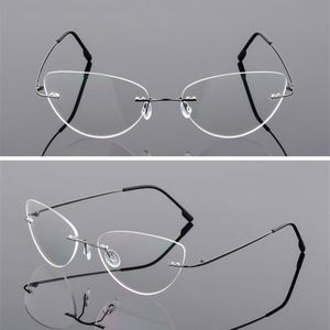 Elbru Titanium Legering Glazen Frame Vrouwen Dames Retro Randloze Cat Eye Bijziendheid Brilmontuur Vintage Bril Frames Voor Vrouwen