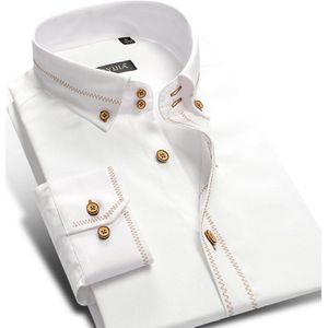 Mannen Lange Mouwen Katoenen Shirts Button Down Mannelijke Smart Casual Business Formele Sociale Overhemd Slim Fit Wit Met Gouden Rand