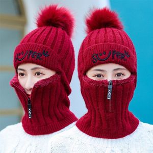 Winter Vrouwen Gebreide Hoeden Voeg Bont Gevoerde Warme Winter Hoeden Voor Vrouwen Met Rits Houden Gezicht Warmer Balaclava Pompoms Cap