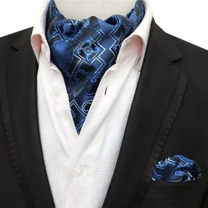 Hoge Niveau Mannen Ascot Set Luxe Blauw Plaid Paisley Patroon Formele Sjaal Met Pocket Vierkante