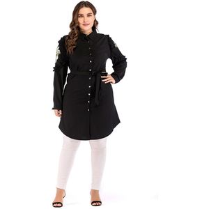 Plus Size XL-5XL Moslim Shirts Vrouwen Blouse Borduurwerk Losse Lace-Up Tops En Blouses Islamitische Kleding Revers Zwart Streetwear