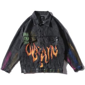 Rainbow Graffiti Vlam Print Denim Jassen Streetwear Hip Hop Casual Bomber Jean Jacket Jassen Tops Blauw Zwart