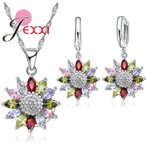 Mooie Bloem Bruiloft Sieraden Sets Multicolor Zirconia Ingelegd 925 Sterling Zilveren Bruids Oorbellen Ketting Sets