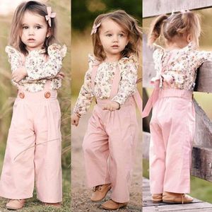 2 stuks Lange Mouwen Bloemen t-shirt Top en Jarretel Broek Set Voor Peuter Meisje Herfst Kleding