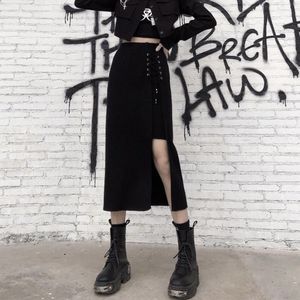 Insgoth Harajuku Vintage Black Midi Rok Gothic Lace Up Hoge Taille Rok Vrouwelijke Punk Streetwear Sexy Hollow Out Bandage Rok