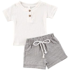 Zomer Casual Peuter Katoen Linnen Meisjes Outfits Baby Jongens Wit Button T-shirts Tops + Gestreepte Broek Baby Baby Set Bebe ropa