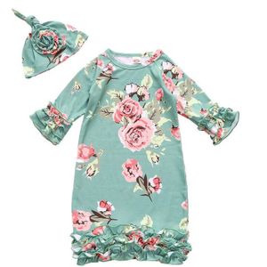 0-70Cm Baby Meisjes Slaap Tops Night Katoen Pasgeboren Robes Nightgowns Rose Bloem Nachtkleding Met Slaapmutsje Voor Herfst winter Lente