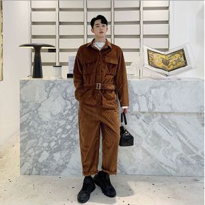 Lente Herfst Mannen Lange Mouw Corduroy Jumpsuits Losse Casual Sashe Een Stuk Broek Streetwear Hip Hop Cargo Broek Overalls