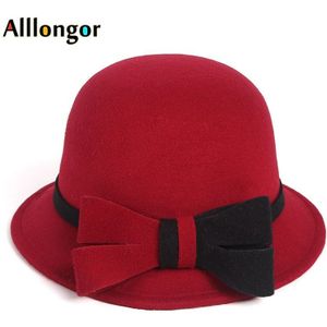 Wol Fedora Hoed Vrouwen Winter Vintage Vilten Hoeden Dames Strik Emmer Cap Zwart Wit Dome Top Kerk Bowler hoed