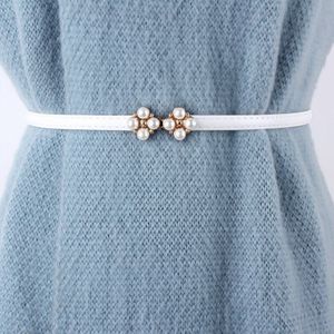 Vrouwen Mode Parel Bloem Gesp Riemen Verstelbare Dunne Tailleband Jurk Decoratieve Cumberbanden Smalle Zwart Pu Lederen