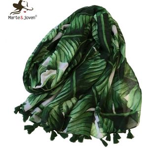 Marte & Joven Vrouwen Weegbree Blad Groene Sjaal met Kwasten Zachte Polyester Palm Bladeren Gedrukt Warme Sjaals Wraps Hijabs Uitlaat