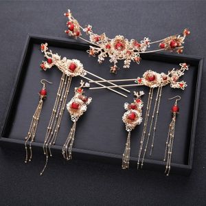 Chinese Bruid Hoofdtooi Set Omzoomd Lange Tiara Rode Oude Phoenix Kroon Bruiloft Haar Accessoires