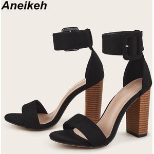 Aneikeh Zomer Mode Gestreepte Gladiator Sandalen Ronde Neus Hoge Hak Elastische Verbod Vierkante Kudde Dames Wedding Party Black 35-42