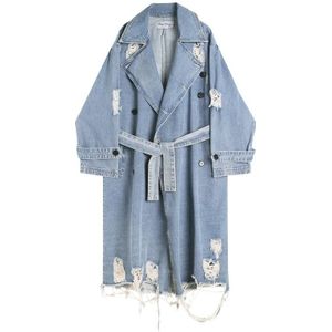 Getspring Vrouwen Trenchcoat Vrouwen Jean Geul Gaten Lace Up Onregelmatige Vrouwen Windscherm Losse Lange Denim Jas Herfst Winter