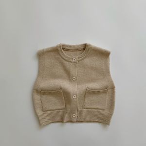 Kinderen Katoenen Gebreide Vest Effen Baby O-hals Trui Jongens Enkele Breasted Jas Gebreide Vest Meisjes Mouwloze Gebreide Tops