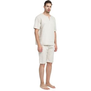 Mens Natuurlijke Linnen Katoen Korte Mouw Pyjama Set Met Shorts Slaap Top Nachtkleding Homewear Loungewear