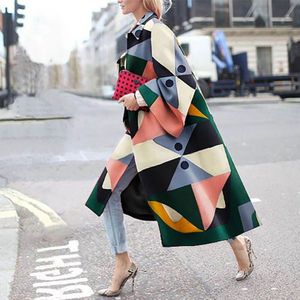 Herfst Winter Trenchcoat Voor Vrouwen Mode Geometrische Print Kleur Vrouwelijke Casual Lange Vest Jas Turn-Down Kraag Uitloper