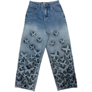 Iefb/Herenkleding Herfst Winter Vlinder Gradiënt Graffiti Jeans Mannen Straight Losse Casual Paar Denim Broek 9Y4178