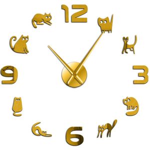 Leuke Pussy Cats Muur Art Aantallen Stickers Diy Grote Wandklok Kitty Kitten Meow Huisdieren Kat Minnaar Home Decor Frameloze klok Horloge