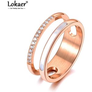 Lokaer Titanium Rvs Wit Shell Ring Trendy Mozaïek Cz Crystal Rose Gouden Trouwringen Sieraden Voor Vrouwen Meisjes R20063