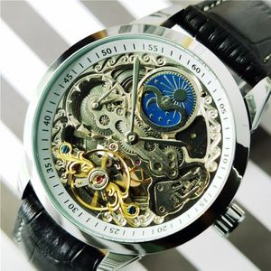 Forsining Mannen Skelet Automatische Mechanische Horloge Lederen Moon Phase Tourbillon Waterdichte Business Horloges Horloges Voor Man