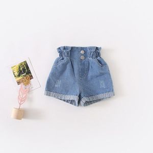 Zuid-koreaanse Zomer Jurk Meisje Hoge Taille Bloemknop Taille Jeans Broek Meisje Baby Roll Rand Pull Broek