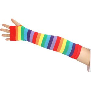 Rainbow Stripe Autumn Winter Long Fingerless Sunscreen Arm Warmers Sleeves length 35cm Soft Knitting