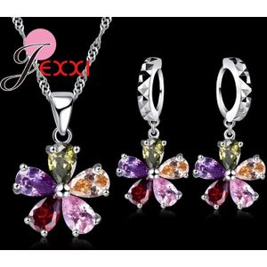 Vijf Petaled Bloemen Shining Kleurrijke CZ Kristallen Hanger Sieraden Sets 925 Sterling Ketting + Dangle/Hoop Earring Sets