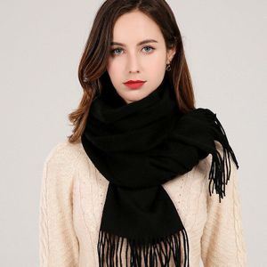 Vrouwen 100% Zuivere Wol Sjaal Winter Kasjmier Echarpe Wraps Voor Dames Effen Foulard Femme Met Kwastje Warm Merino Wol Sjaals