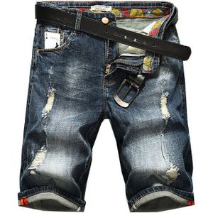 Kstun Heren Shorts Jeans Donkerblauw Stretch Retro Pockets Poker Gedrukt Ripped Biker Motor Jeans Denim Broek