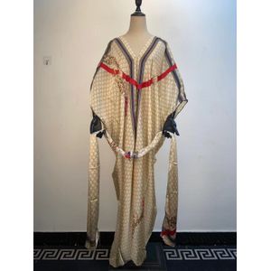 Classy Zomer V-hals Vrouwen Zijden Kaftan Lange Jurk Mode Afdrukken Losse Gewaad Met Sjaal Afrikaanse Jurk Voor Vrouwen
