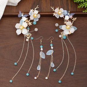 Forseven Bloem Parels Kristal Kralen Lange Kwasten Haarspelden Oorbellen Vrouwen Meisjes Chinese Bruiloft Hanfu Jurk Decor Sieraden Sets