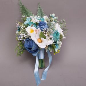 JaneVini Elegante Land Stijl Blauw Bruids Zijde Rozen Bruidsboeketten Ramos Flores Kunstbloemen Buket voor Bruiloft