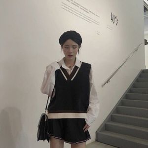 Trui Vest Vrouwen Koreaanse Preppy Stijl V-hals Trendy Leisure Elegante Patchwork Jumpers Studenten Mooie Eenvoudige All-Match Soft Fit