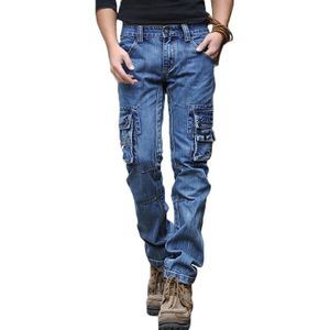 ABOORUN mannen Blauw Cargo Jeans Multi Pockets Lange Straight fit Denim Broek mannen Outdoor Casual Jeans x1648