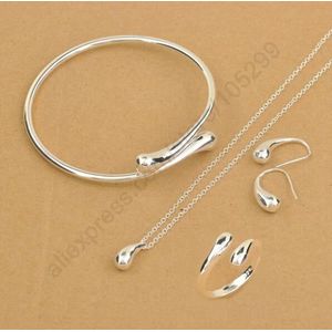 Top 925 Sterling Zilver Glad Glossy Armband Earring Ketting Ring Sieraden Sets Bridal Vrouw Gratis Verstelbare