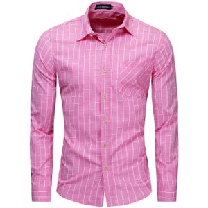 Mannen Roze Plaid Shirt Lange Mouw Dichtgeknoopt Overhemd Mannen 100% Katoenen Shirt