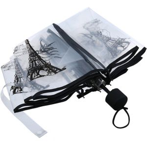 Mode 1 st vrouw transparante Eiffeltoren print in wit zwart Drie Folding Zon Regen Paraplu outdoor Regen Gereedschap