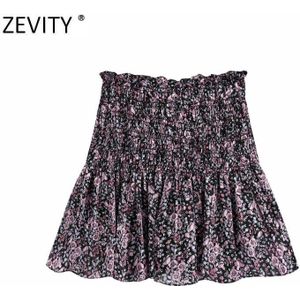 Zevity Vrouwen Vintage Tropische Bloem Print Plisse Mini Rok Faldas Mujer Dames Casual Slim Ruches Chiffon Rokken QUN671