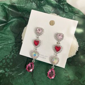 Mengjiqiao Koreaanse Luxe Rood Hart Crystal Lange Pendientes Mujer Moda Elegante Kleurrijke Oorbellen Partij Sieraden