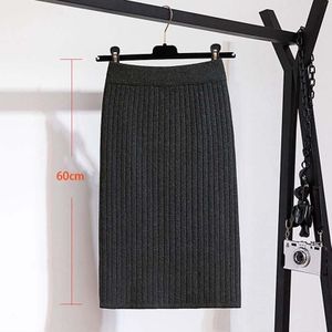 60-80 Cm Elastische Band Vrouwen Rokken Herfst Winter Warm Gebreide Rechte Rok Geribbelde Geribbelde Mid-Lange Rok zwart