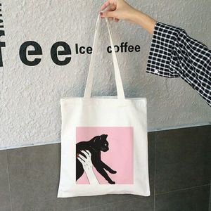 Grappige Zwarte Kat Print Vrouwen Canvas Schoudertas Grafische Boodschappentassen 90S Mode Ulzzang Harajuku Kawaii Handtassen Tote