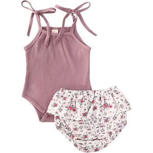 Baby Meisjes Outfits 2 Stuk Set Zomer Mode Toevallige Pit Gebreide Sling Jumpsuit + Bloemen Shorts Pak