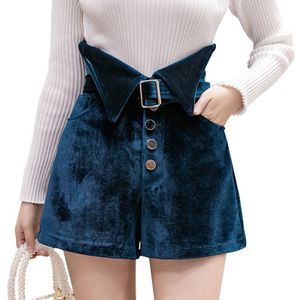 Fluwelen Shorts Vrouwen Riem Midi Shorts Vrouwelijke Plus Size Knoppen Herfst Winter Hoge Taille Korte Broek Pocket Black Shorts