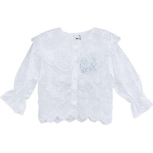 Lente Herfst Meisjes Blouse Baby Shirt Kinderen Tops Kinderen Kleding Wit Ruffle Hals Lace Borduren Bloemen 2 Tot 7 Jaar