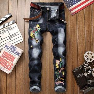 Mannen Hip Hop Vogel Borduurwerk Zwart Slim Fit Jeans Broek Mode Streetwear Heren Casual Katoen Joggers Denim Broek